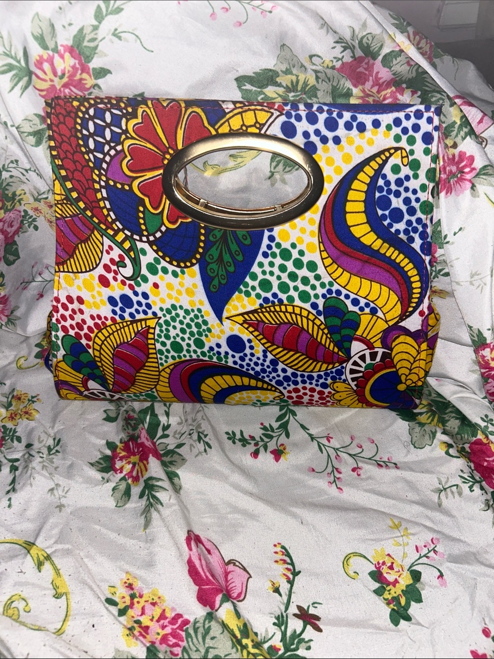 Vibrant Multicolor Floral Print Clutch with Gold Oval Handle